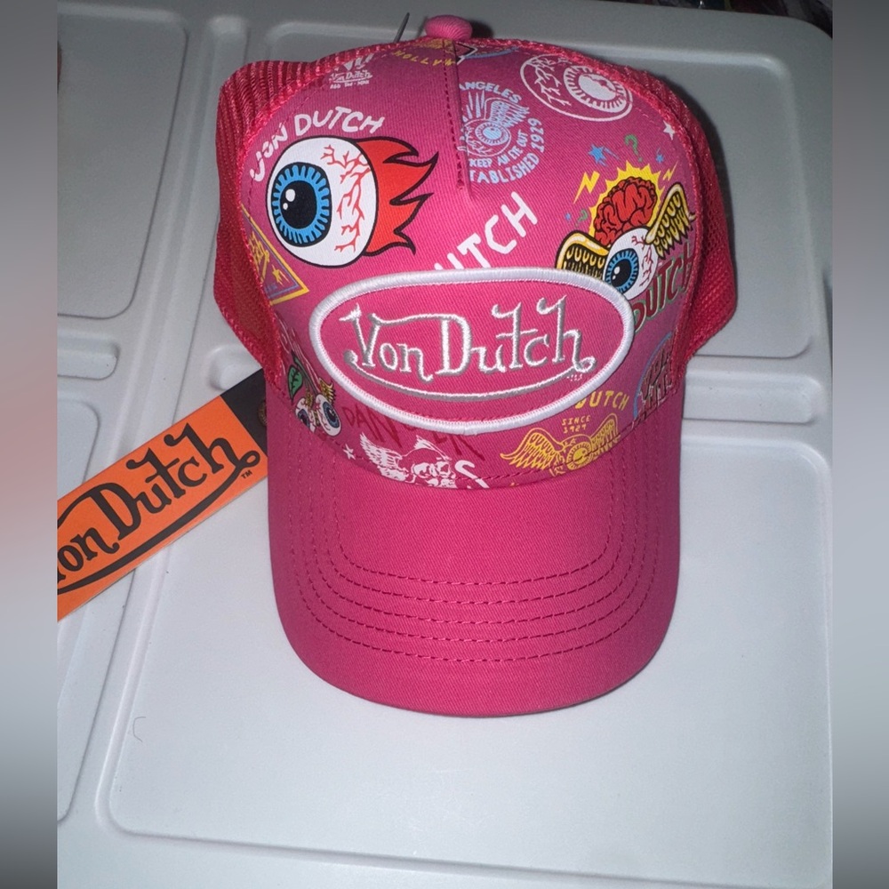 Von Dutch Pink Graphic Logo Trucker Hat
